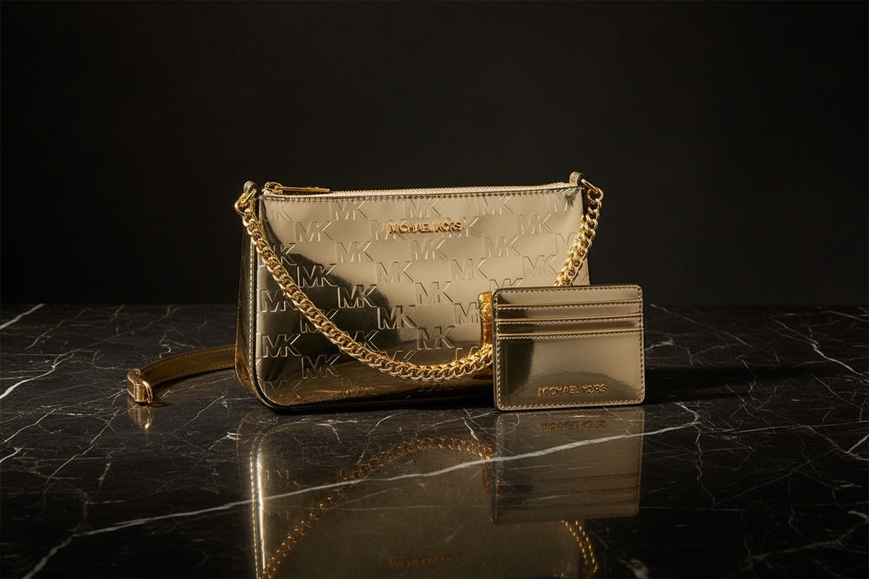 Michael Kors guldfärgad kuvertväska i canvas