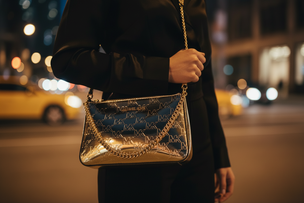 Michael Kors guldfärgad kuvertväska i canvas