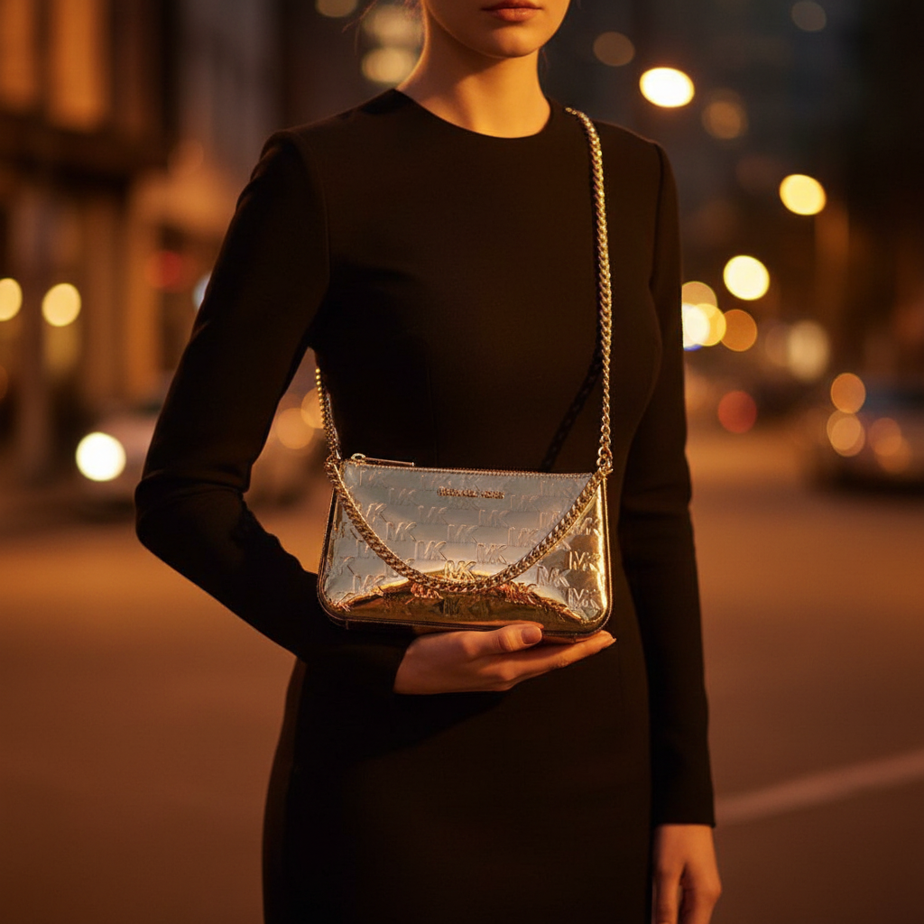 Michael Kors guldfärgad kuvertväska i canvas