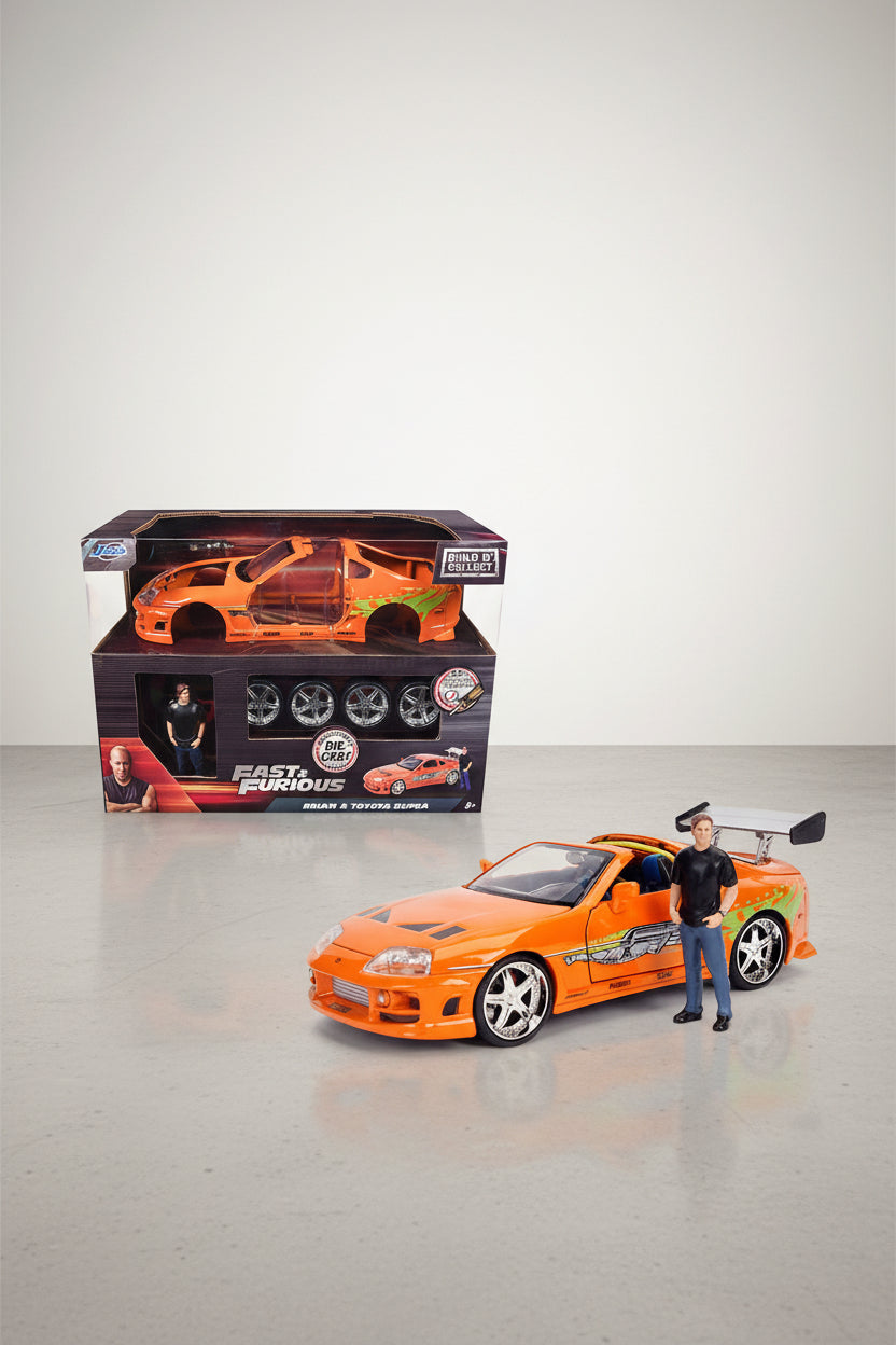 Model Kit Toyota Supra Metallic Orange with Brian Diecast Figure "Fast & Furious" Movie "Build N' Collect" 1/24 Diecast Model Car by Jada