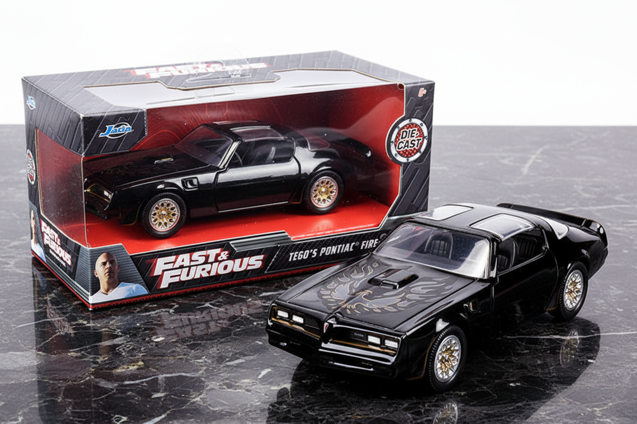 Tego's Pontiac Firebird Black with Gold Stripes and Hood Bird "Fast & Furious" Series 1/32 Diecast Model Car by Jada