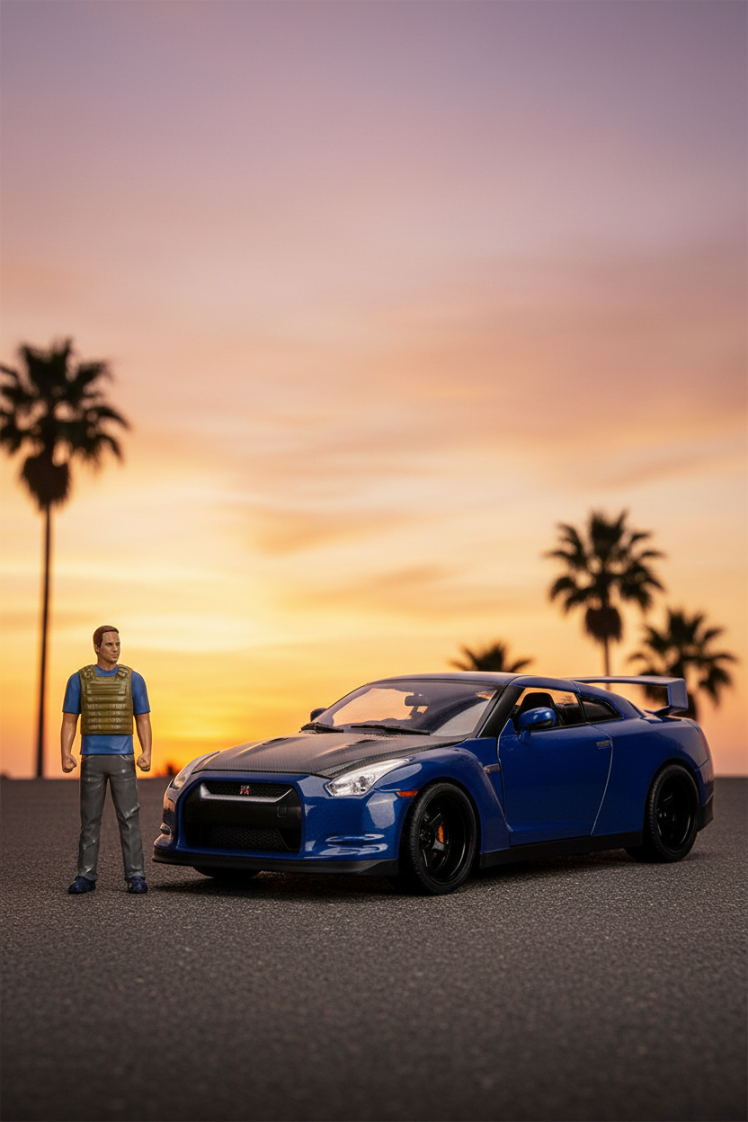2009 Nissan GT-R (R35) Blue Metallic and Carbon with Lights and Brian Figurine "Fast & Furious" Movie 1/18 Diecast Model Car by Jada