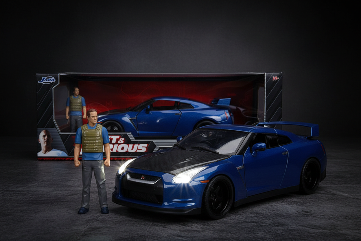 2009 Nissan GT-R (R35) Blue Metallic and Carbon with Lights and Brian Figurine "Fast & Furious" Movie 1/18 Diecast Model Car by Jada