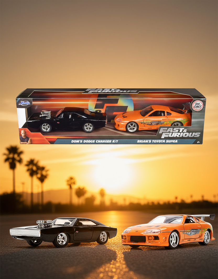 Dom's Dodge Charger R/T Black and Brian's Toyota Supra Orange Set of 2 pieces "Fast & Furious" Series 1/32 Diecast Model Cars by Jada