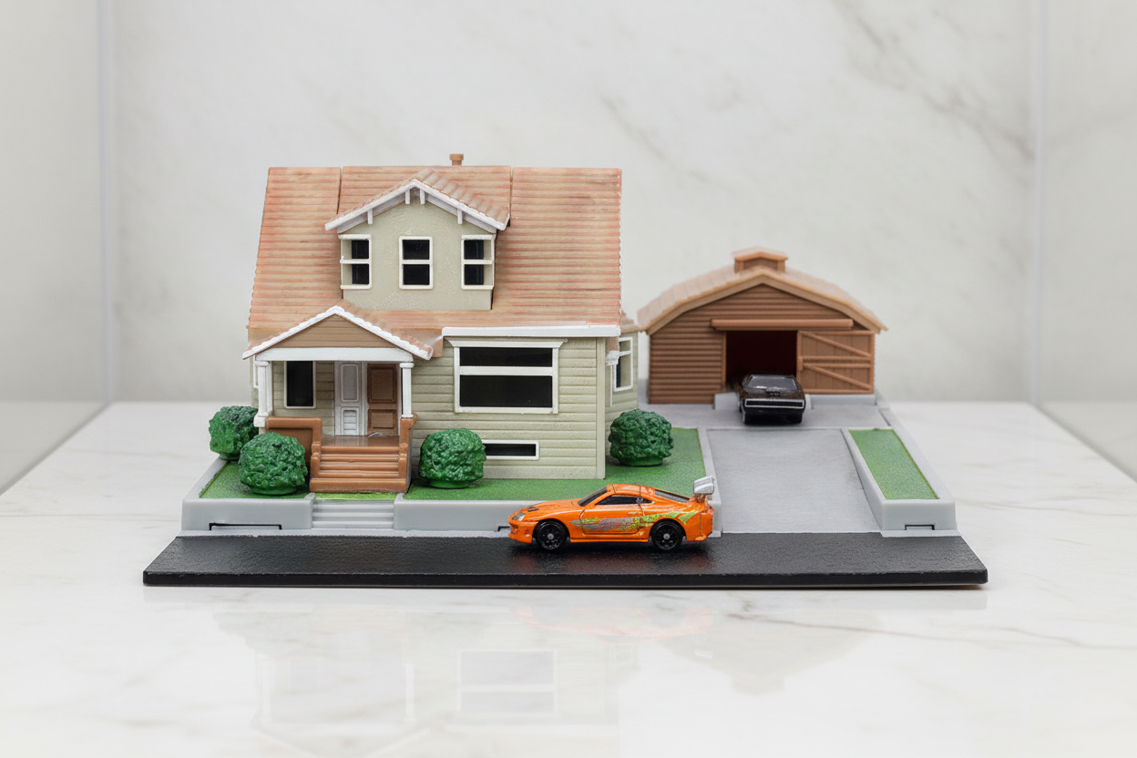 Toretto House Diorama with Dodge Charger Black and Toyota Supra Orange with Graphics "Fast and Furious" "Nano Scene" Series Models by Jada