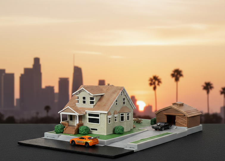 Toretto House Diorama with Dodge Charger Black and Toyota Supra Orange with Graphics "Fast and Furious" "Nano Scene" Series Models by Jada