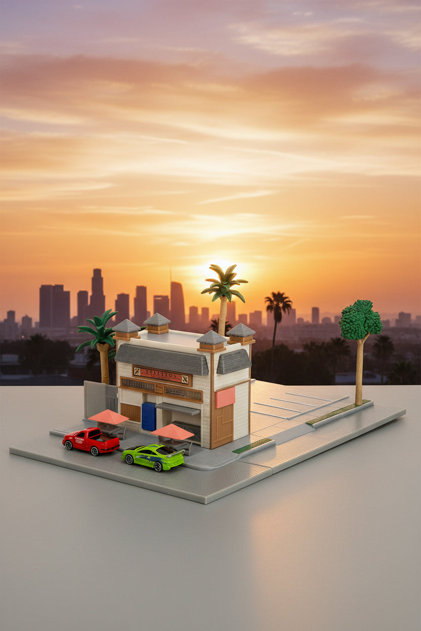 Toretto Cafe Diorama with Mitsubishi Eclipse Green and Ford F-150 SVT Lightning Red "Fast and Furious" "Nano Scene" Series Model by Jada
