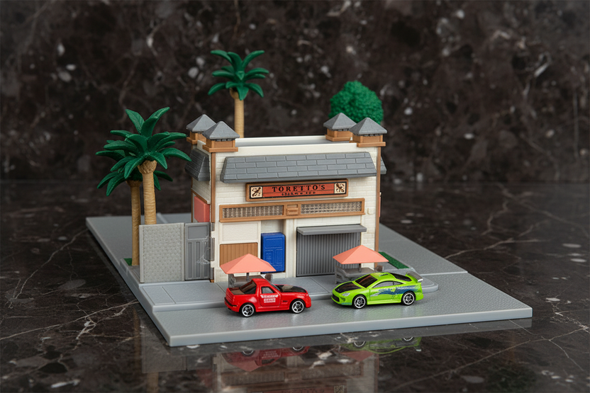 Toretto Cafe Diorama with Mitsubishi Eclipse Green and Ford F-150 SVT Lightning Red "Fast and Furious" "Nano Scene" Series Model by Jada