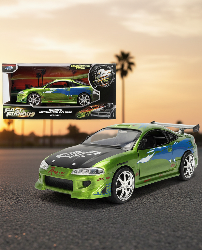 Brian's Mitsubishi Eclipse Green Brush Finish "The Fast and the Furious" (2001) Movie 25 Years of Fast & Furious Anniversary 1/24 Diecast Model Car by Jada