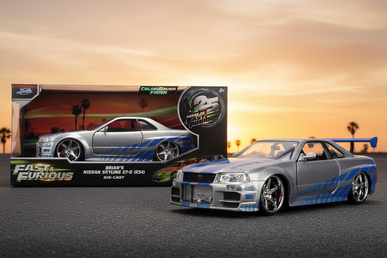Brian's Nissan Skyline GT-R (R34) RHD (Right Hand Drive) Brush Finish  "2 Fast 2 Furious" (2003) Movie 25 Years of Fast & Furious Anniversary 1/24 by Jada