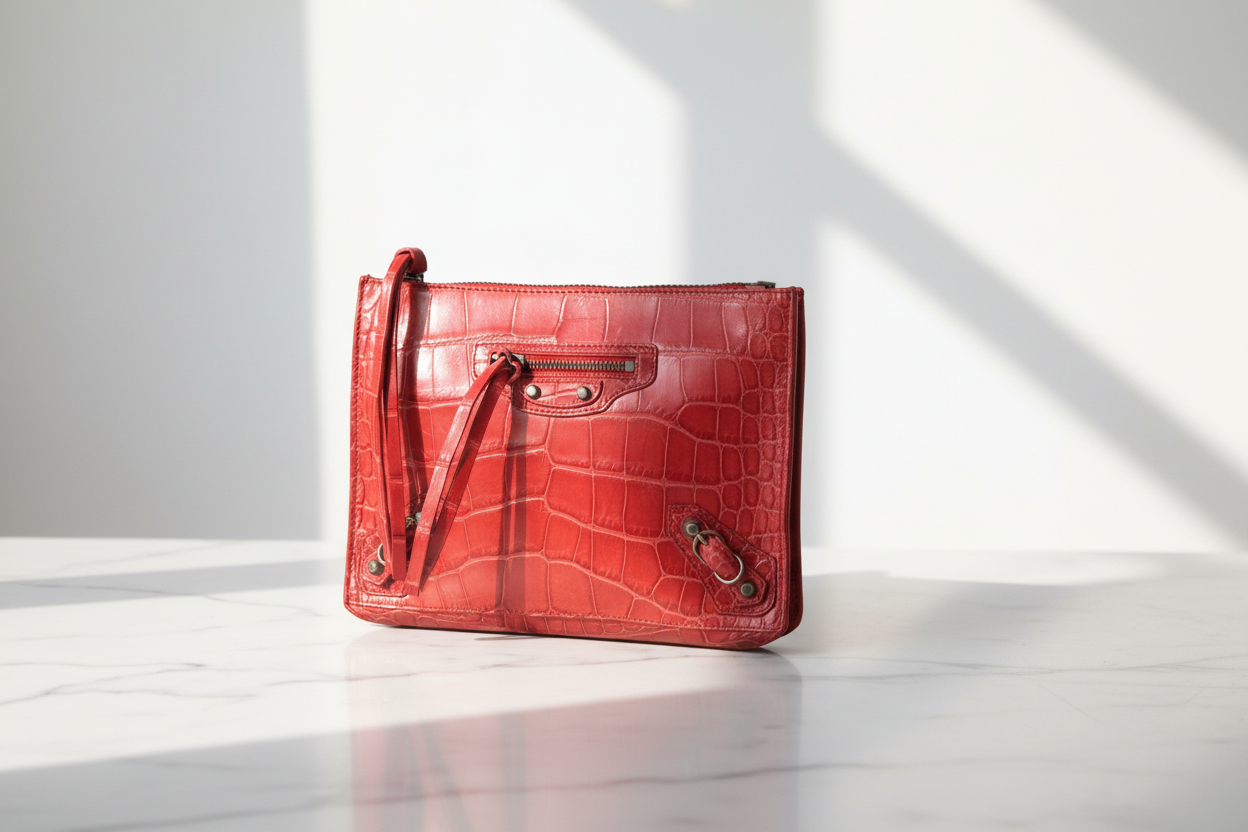 Balenciaga röd klassisk handväska i exotiskt läder med axelrem