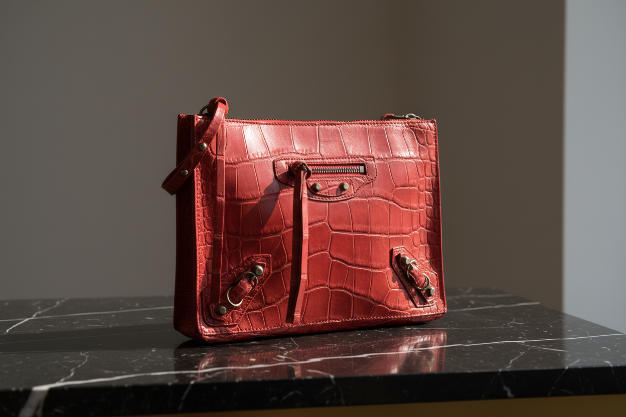 Balenciaga röd klassisk handväska i exotiskt läder med axelrem