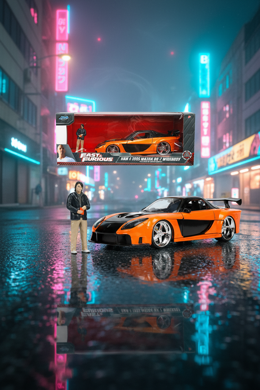 1995 Mazda RX-7 Widebody RHD (Right Hand Drive) Orange Metallic and Black with Han Diecast Figurine "The Fast and the Furious: Tokyo Drift" (2006) Movie 1/24 Diecast Model Car by Jada