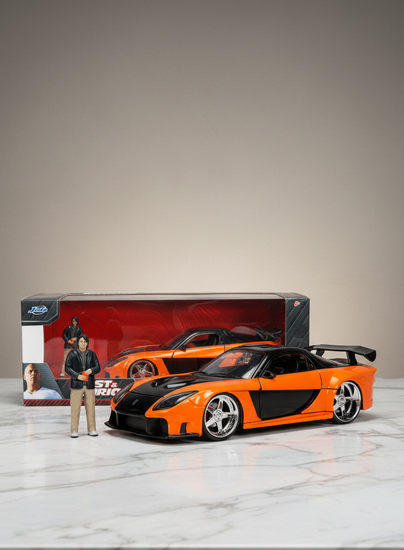 1995 Mazda RX-7 Widebody RHD (Right Hand Drive) Orange Metallic and Black with Han Diecast Figurine "The Fast and the Furious: Tokyo Drift" (2006) Movie 1/24 Diecast Model Car by Jada
